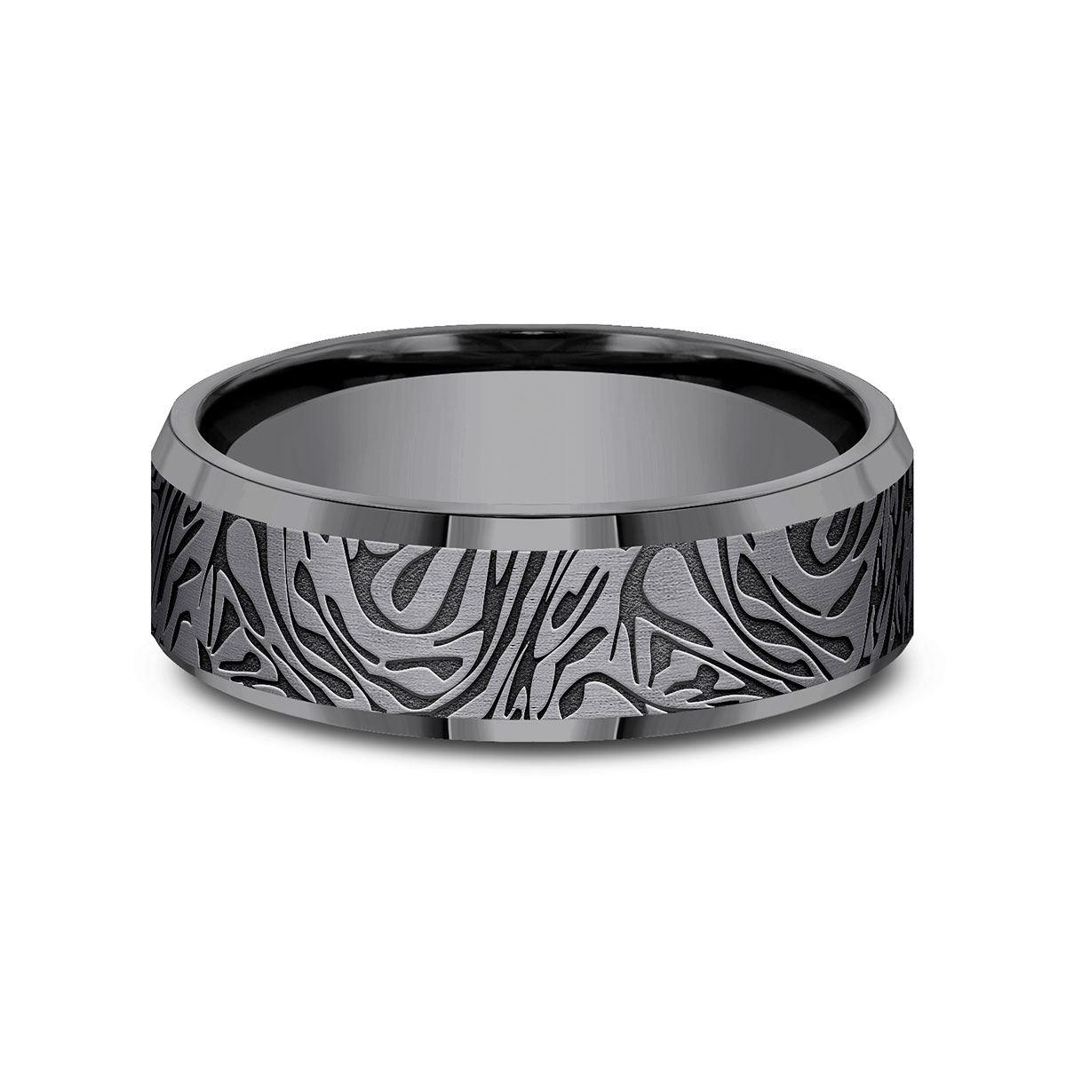 Benchmark Dark Tantalum Faux Mokume Pattern Beveled Edge 7 mm Wedding Band, Size 10
