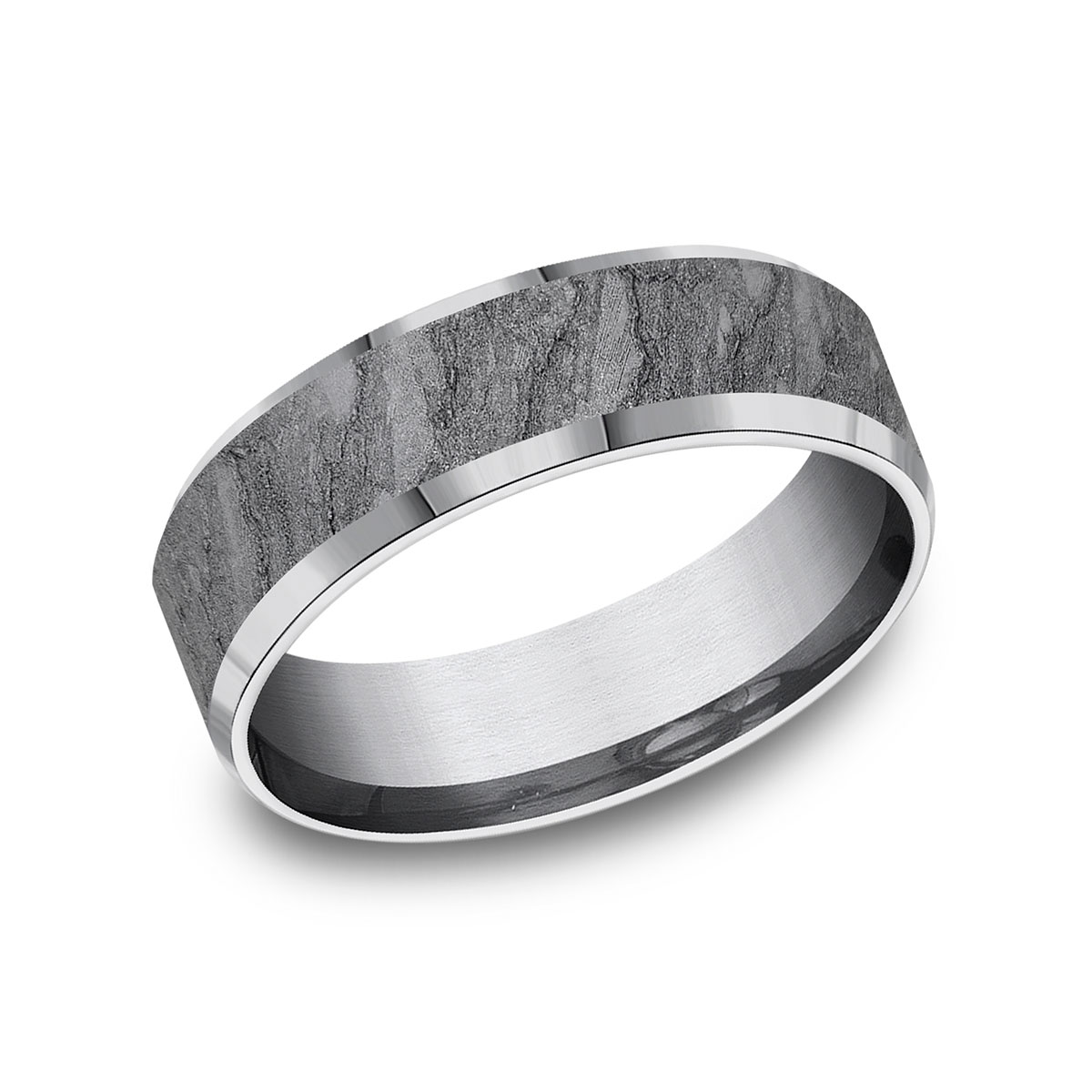 Benchmark Grey Tantalum Lava Rock Texture Beveled Edge 7 mm Wedding Band, Size 10
