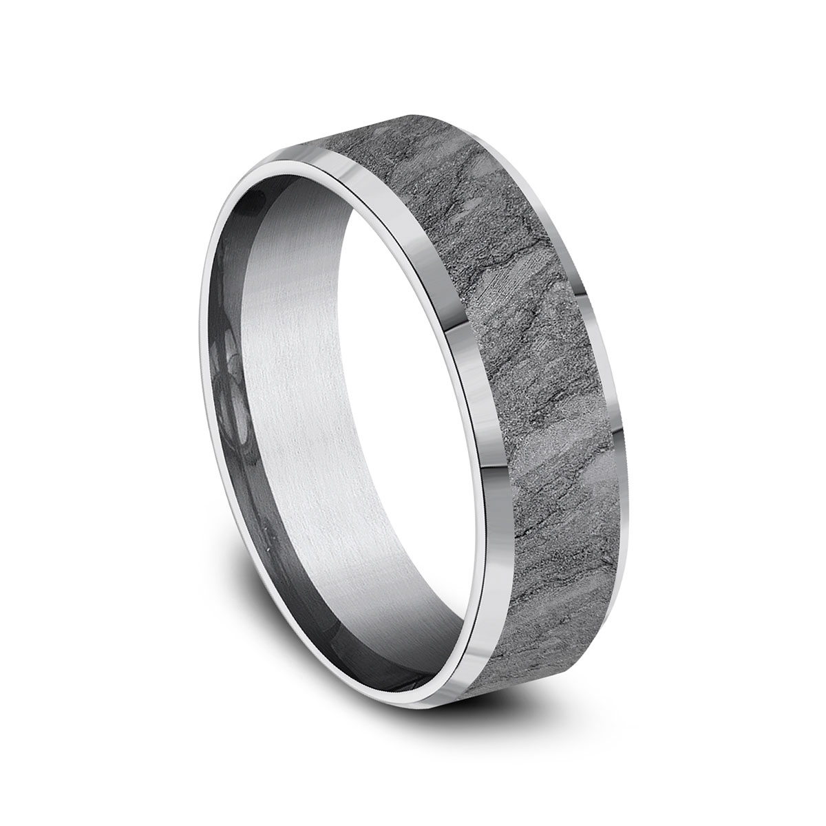 Benchmark Grey Tantalum Lava Rock Texture Beveled Edge 7 mm Wedding Band, Size 10