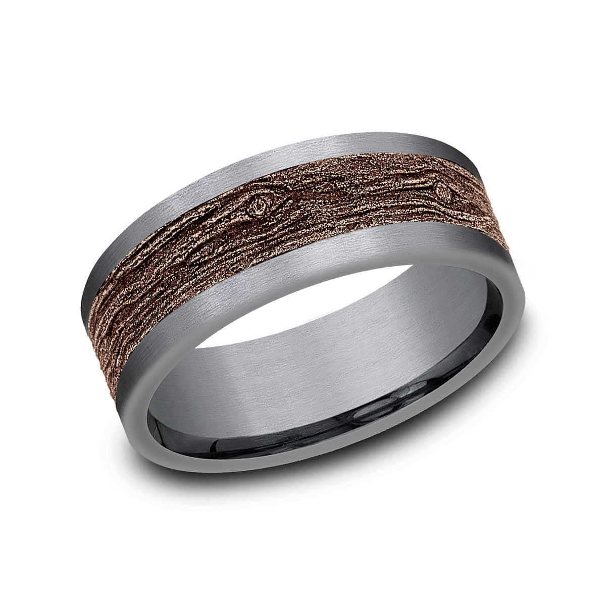 Benchmark Blackened Rose Gold & Grey Tantalum Wood Pattern 8 mm Wedding Band, Size 10
