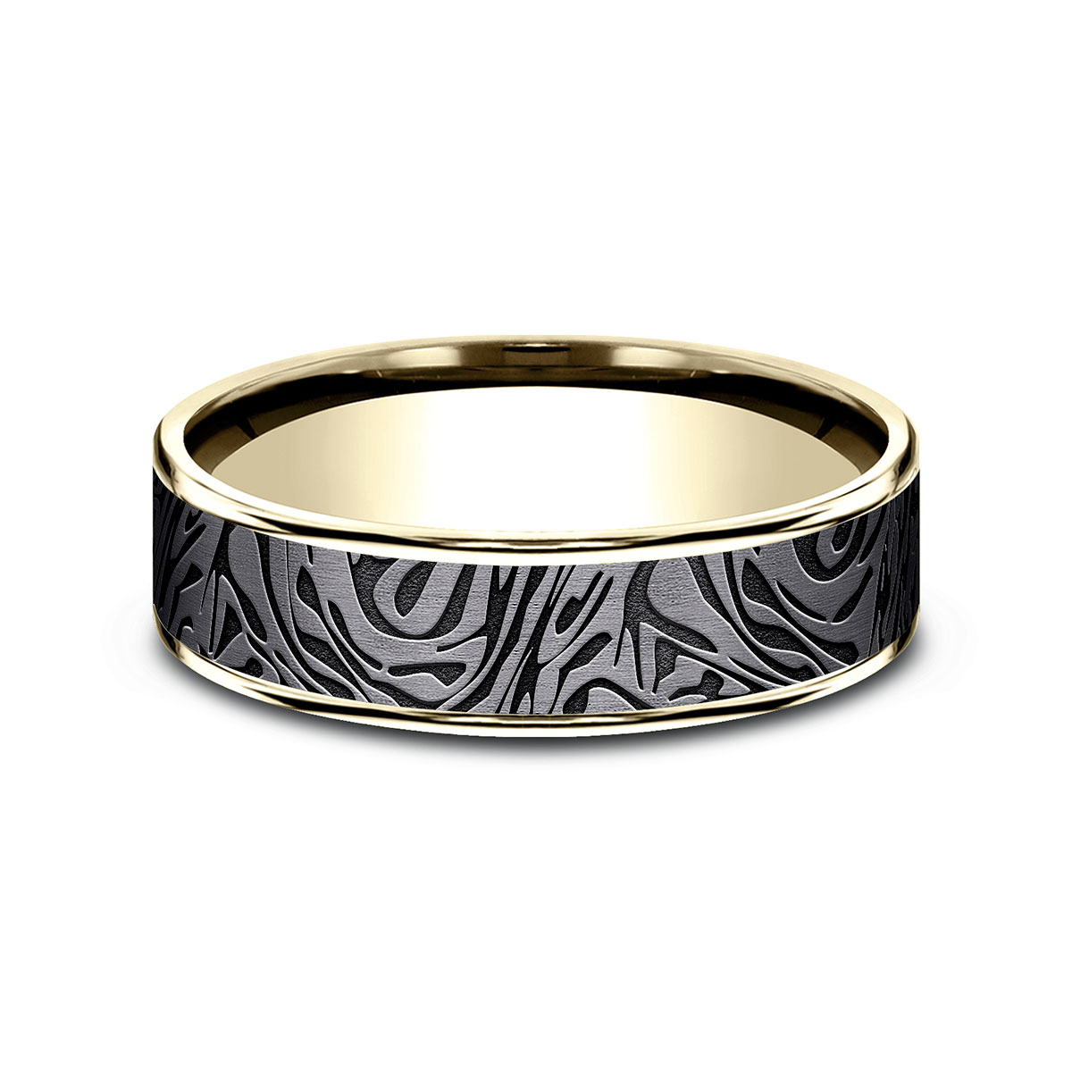 Benchmark Dark Tantalum & Yellow Gold Mokume Pattern 6.5 mm Wedding Band, Size 10