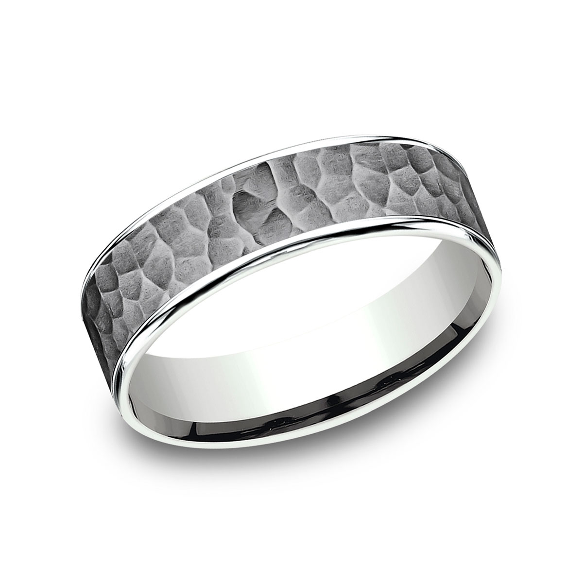 Benchmark Hammered Grey Tantalum & High Polish White Gold 6.5 mm Wedding Band, Size 10