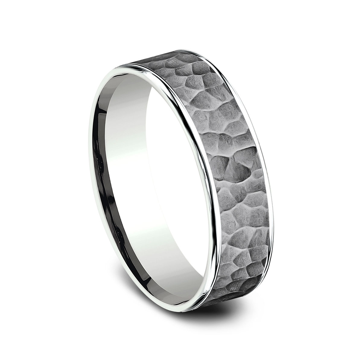 Benchmark Hammered Grey Tantalum & High Polish White Gold 6.5 mm Wedding Band, Size 10
