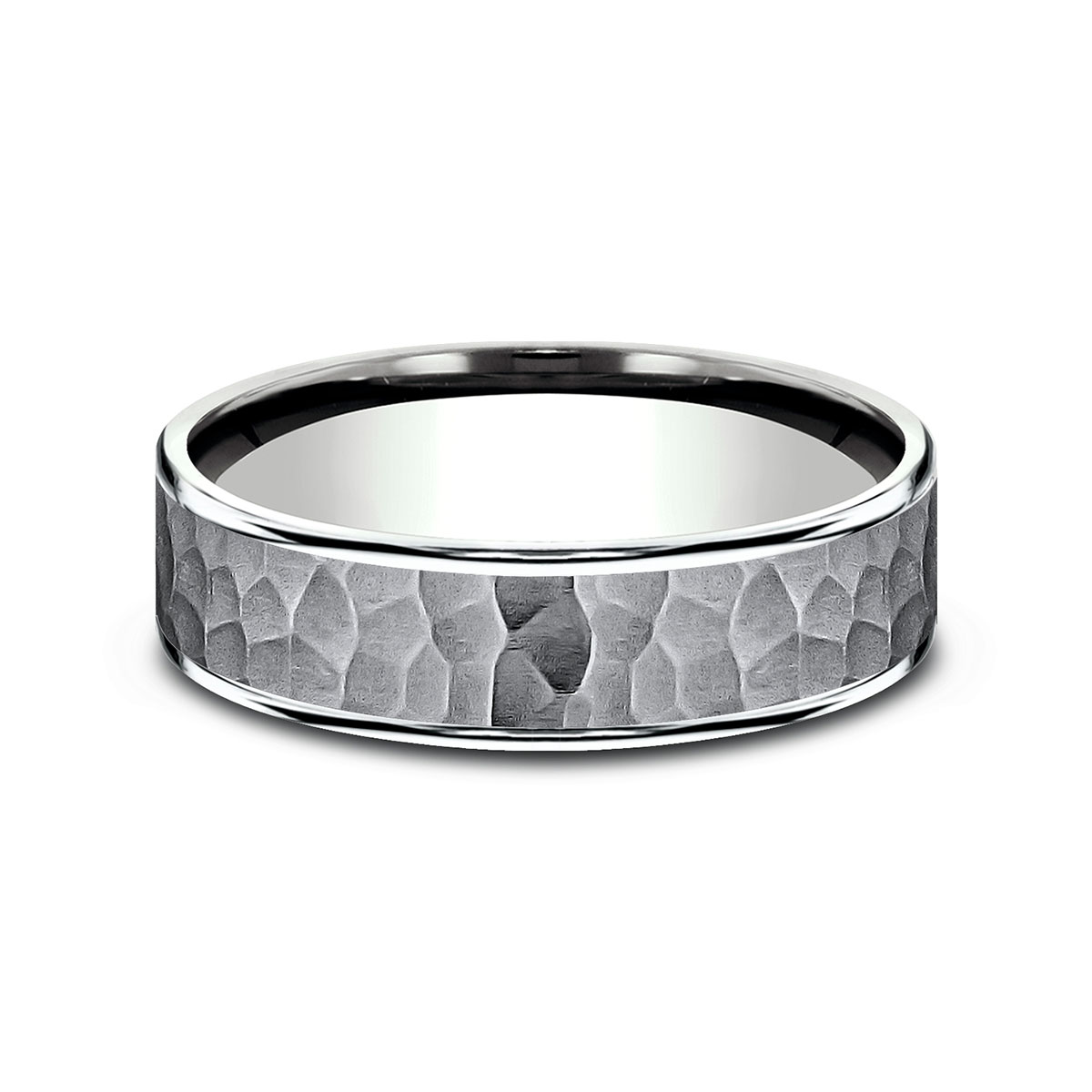 Benchmark Hammered Grey Tantalum & High Polish White Gold 6.5 mm Wedding Band, Size 10