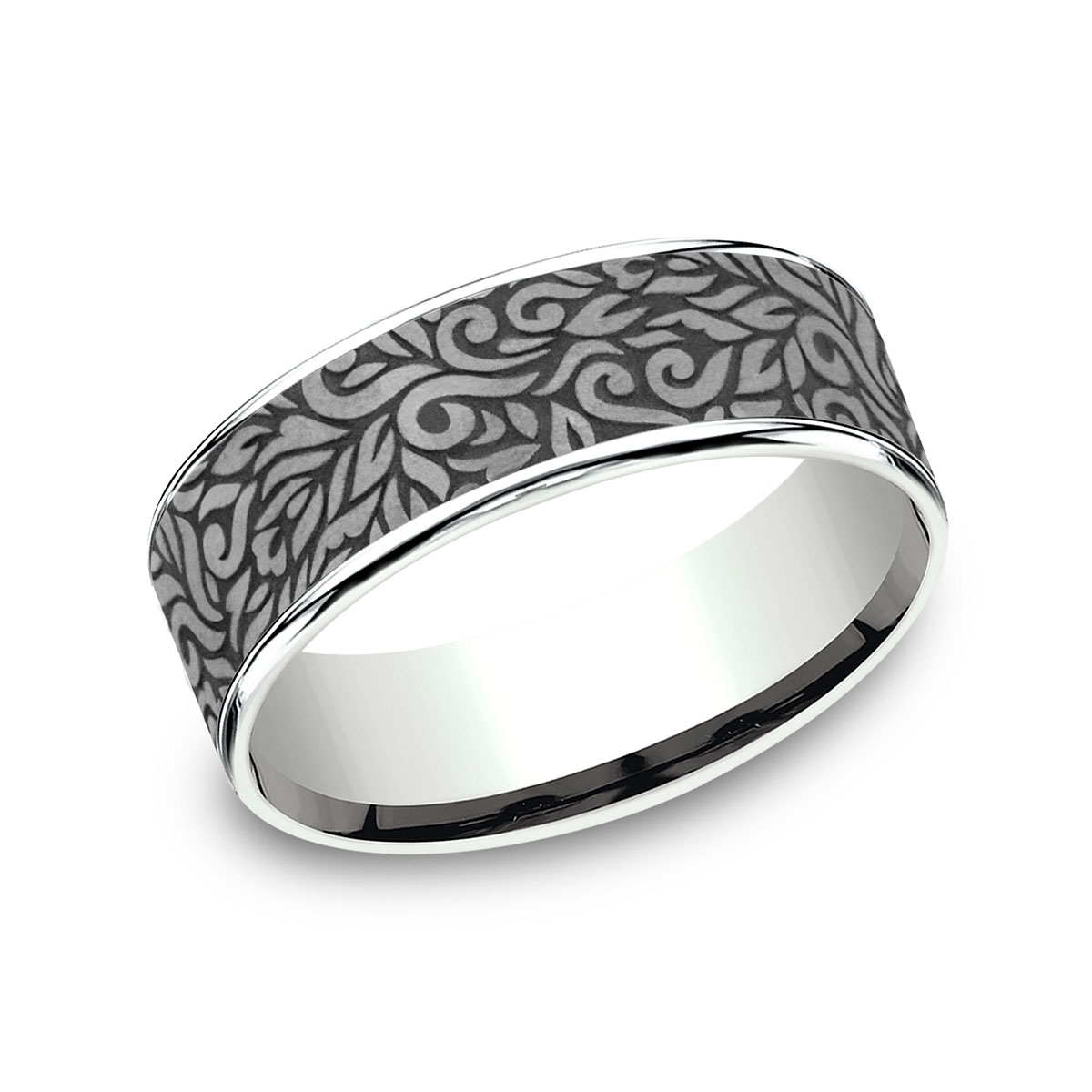 Benchmark Grey Tantalum & White Gold Paisley Pattern 7.5 mm Wedding Band, Size 10