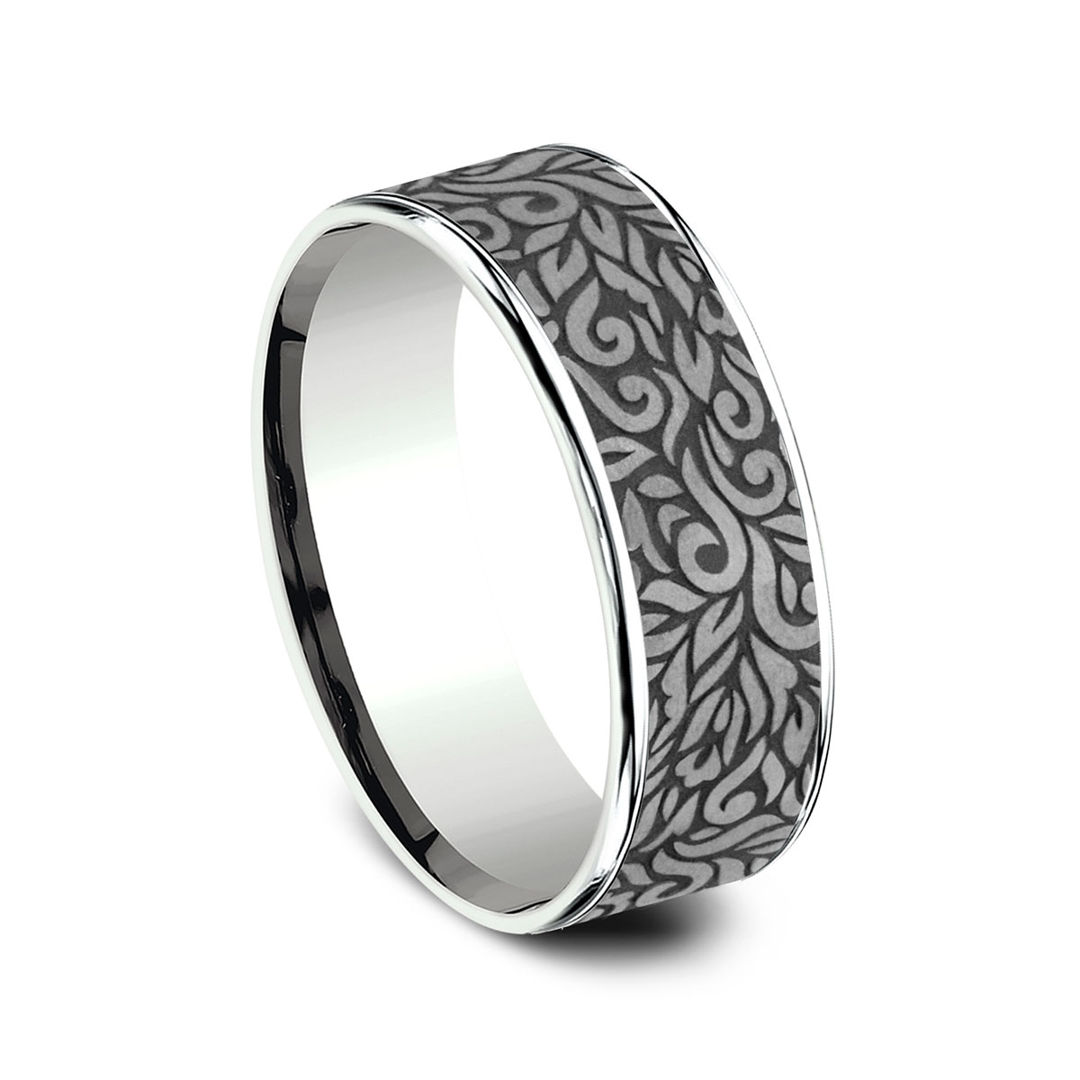 Benchmark Grey Tantalum & White Gold Paisley Pattern 7.5 mm Wedding Band, Size 10