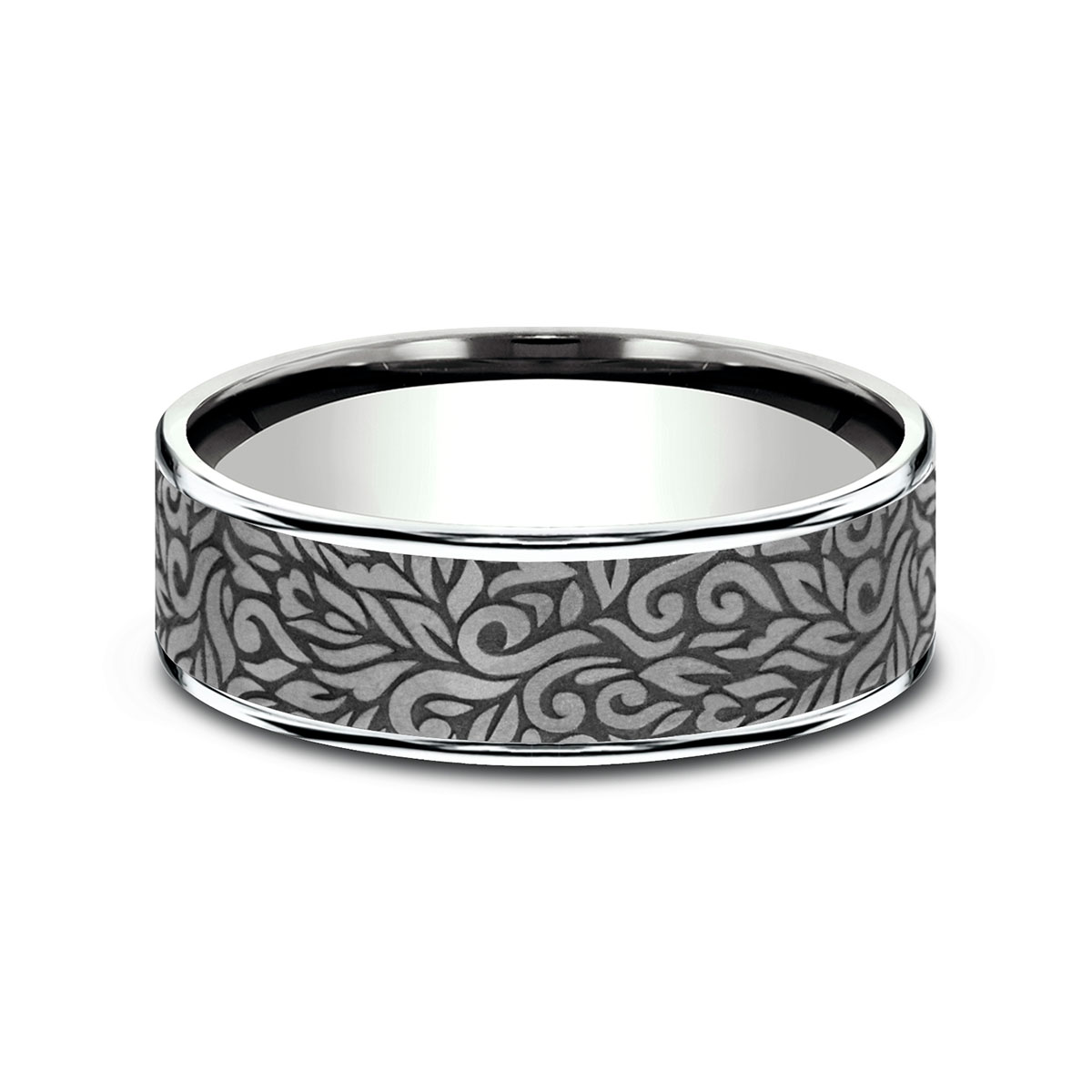 Benchmark Grey Tantalum & White Gold Paisley Pattern 7.5 mm Wedding Band, Size 10