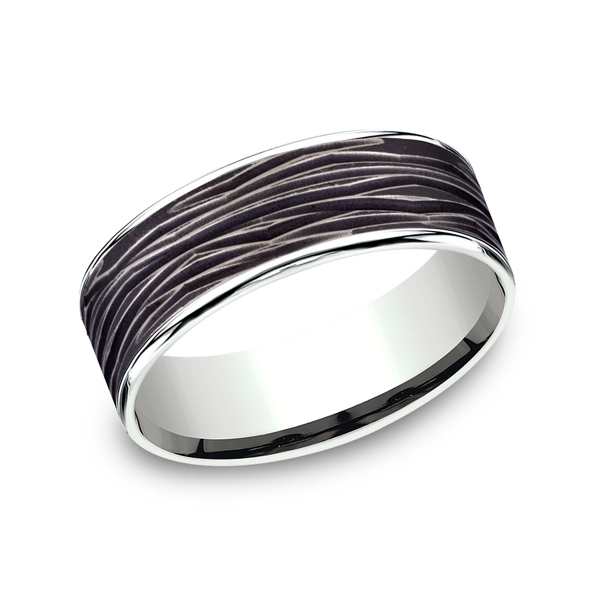 Benchmark Black Titanium & White Gold Bark Texture 7.5 mm Wedding Band, Size 10