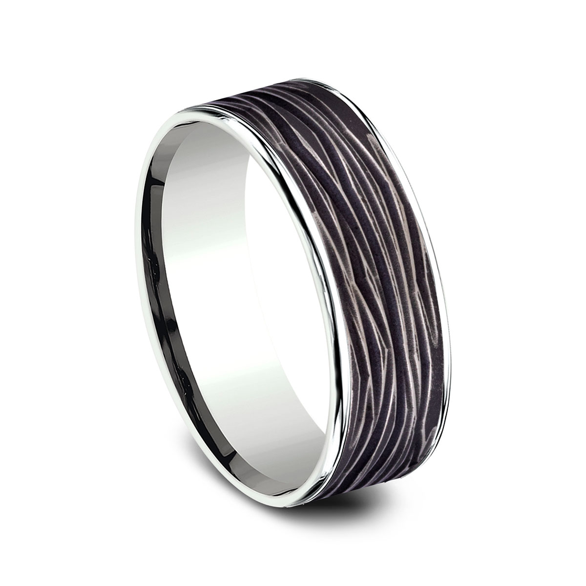 Benchmark Black Titanium & White Gold Bark Texture 7.5 mm Wedding Band, Size 10