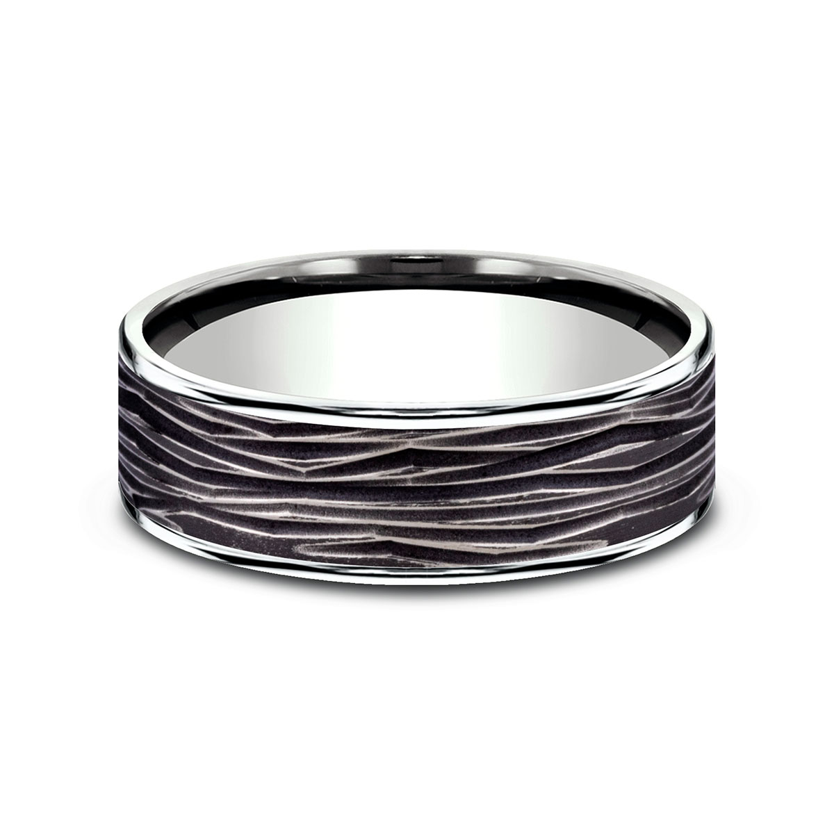 Benchmark Black Titanium & White Gold Bark Texture 7.5 mm Wedding Band, Size 10