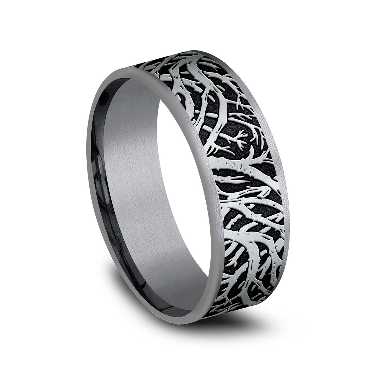Benchmark Blackened White Gold Forest Pattern 7.5 mm Wedding Band, Size 10