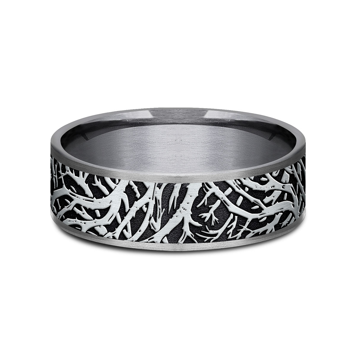 Benchmark Blackened White Gold Forest Pattern 7.5 mm Wedding Band, Size 10