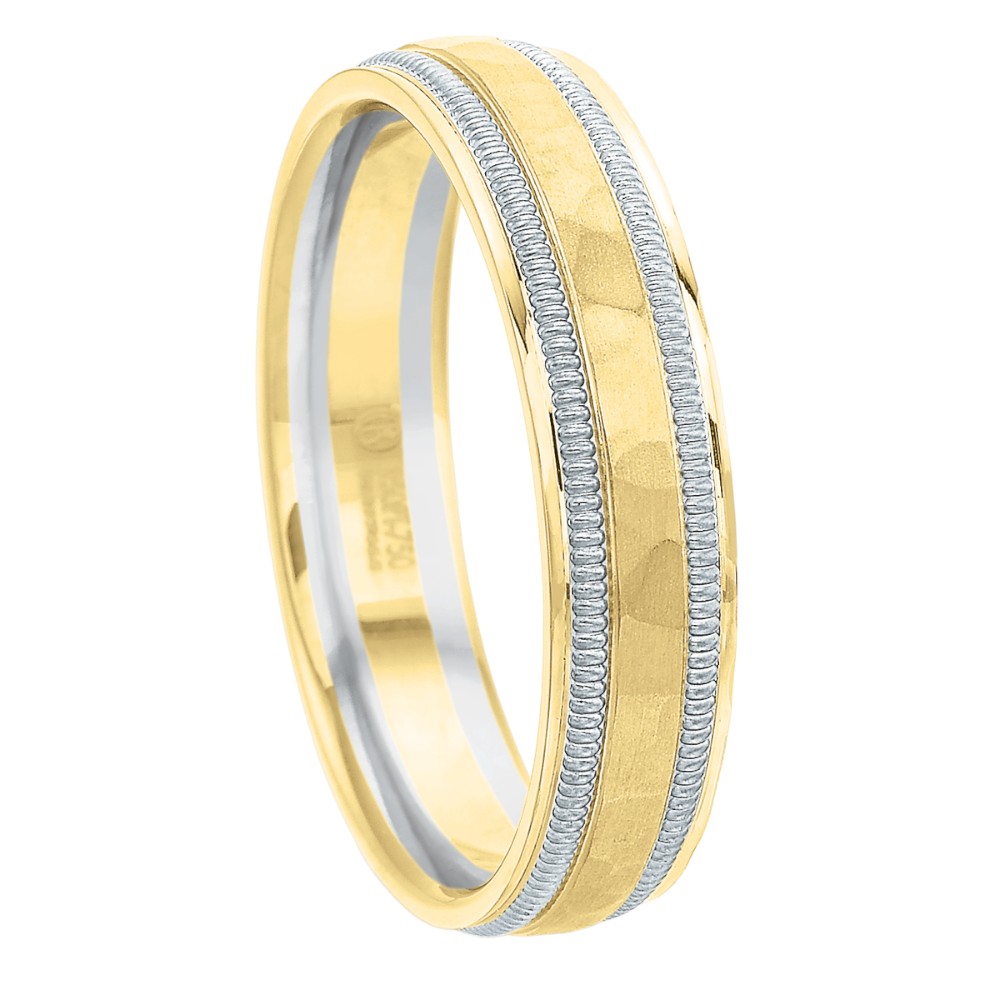 Hammered Yellow Gold & White Gold Coin Edge 5 mm Wedding Band, Size 9