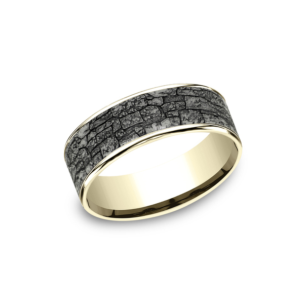 Benchmark Rings Jackson Yellow Gold & Grey Tantalum Stone Pattern Wedding Band, Size 10