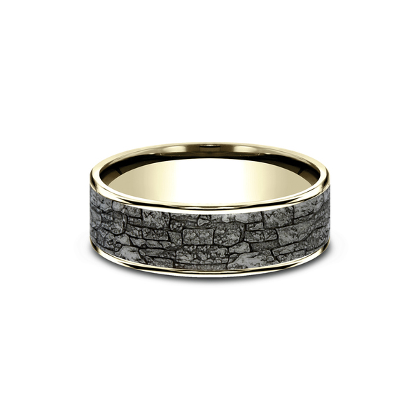 Benchmark Rings Jackson Yellow Gold & Grey Tantalum Stone Pattern Wedding Band, Size 10