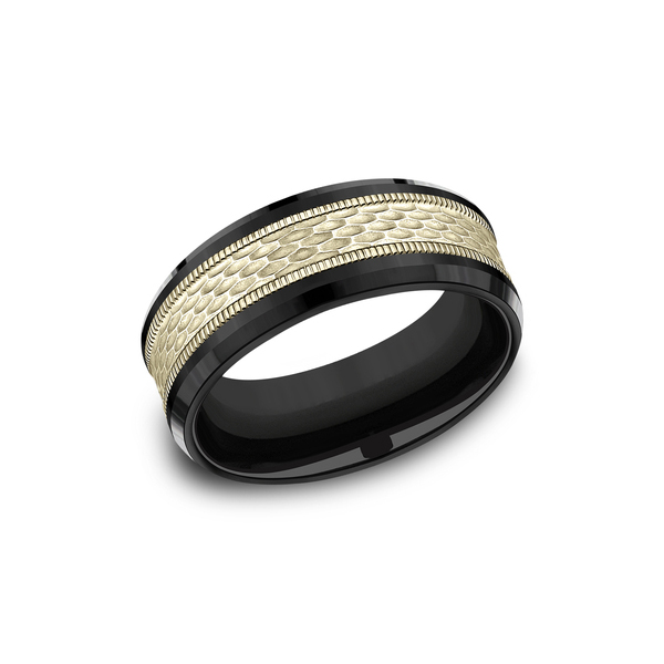 Benchmark Rings Athlete Yellow Gold & Black Titanium Mesh Pattern Wedding Band, Size 10