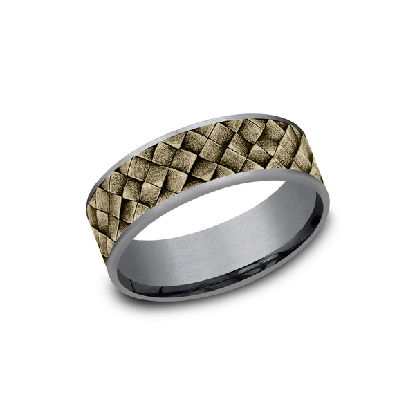 Benchmark Rings Cross Hatch Yellow Gold & Grey Tantalum Wedding Band, Size 10