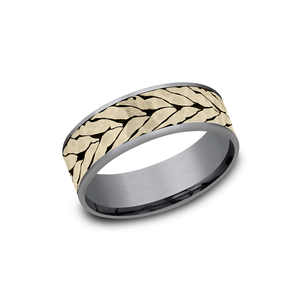 Benchmark Rings Medallion Yellow Gold & Grey Tantalum Chevron Pattern Wedding Band, Size 10