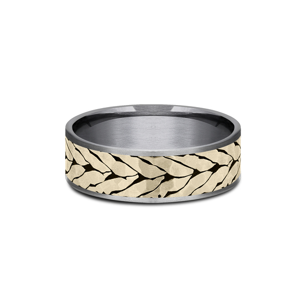 Benchmark Rings Medallion Yellow Gold & Grey Tantalum Chevron Pattern Wedding Band, Size 10