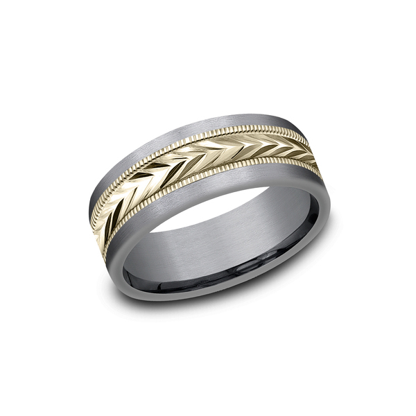 Benchmark Rings Harvest Yellow Gold & Grey Tantalum Wheat Pattern Wedding Band, Size 10