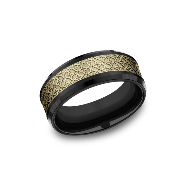 Benchmark Rings Vienna Yellow Gold & Black Titanium Ottoman Floral Pattern Wedding Band, Size 10