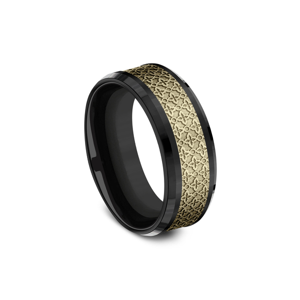 Benchmark Rings Vienna Yellow Gold & Black Titanium Ottoman Floral Pattern Wedding Band, Size 10