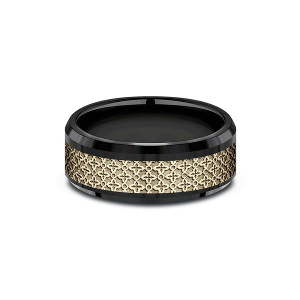 Benchmark Rings Vienna Yellow Gold & Black Titanium Ottoman Floral Pattern Wedding Band, Size 10