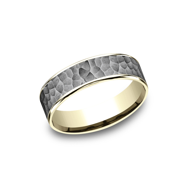 Benchmark Rings Max Yellow Gold & Grey Tantalum Hammered Center Wedding Band, Size 10