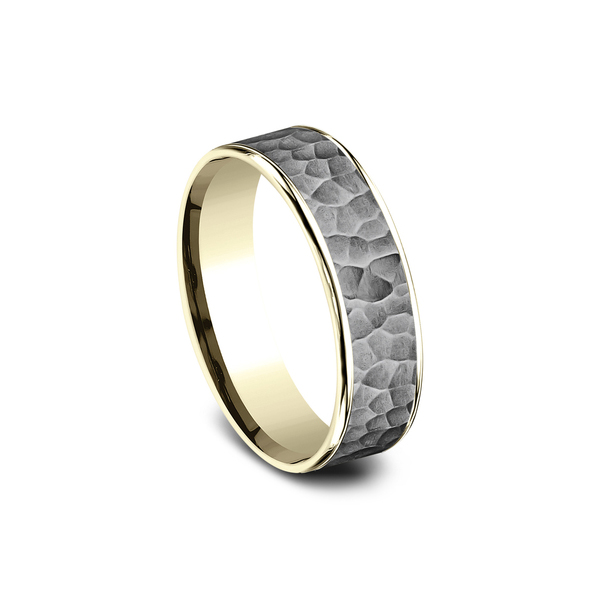 Benchmark Rings Max Yellow Gold & Grey Tantalum Hammered Center Wedding Band, Size 10