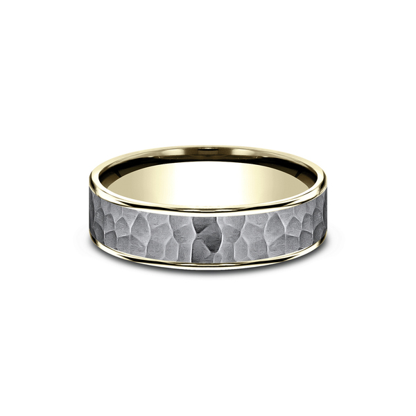 Benchmark Rings Max Yellow Gold & Grey Tantalum Hammered Center Wedding Band, Size 10