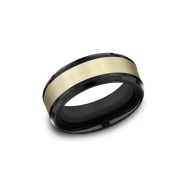 Benchmark Rings Duke Black Titanium  Yellow Gold Satin Center Wedding Band, Size 10