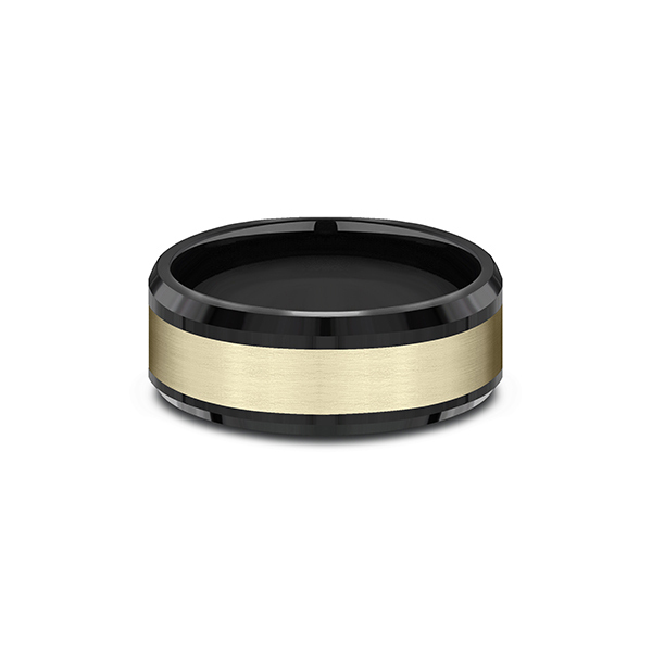 Benchmark Rings Duke Black Titanium  Yellow Gold Satin Center Wedding Band, Size 10
