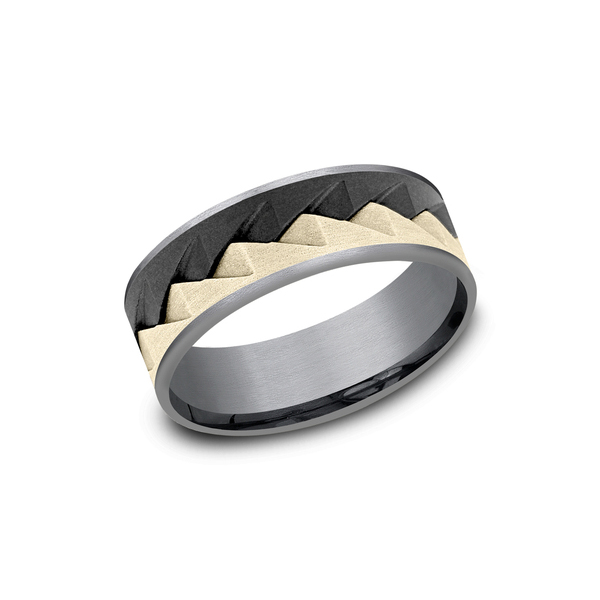 Benchmark Rings Range Grey Tantalum, Black Titanium, & Yellow Gold Saw Tooth Pattern Wedding Band, S