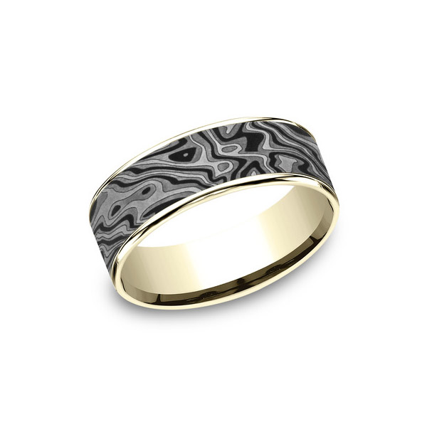Benchmark Rings Switch Yellow Gold & Grey Tantalum Mokume Pattern Wedding Band, Size 10