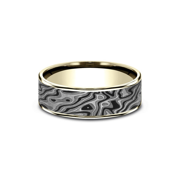 Benchmark Rings Switch Yellow Gold & Grey Tantalum Mokume Pattern Wedding Band, Size 10