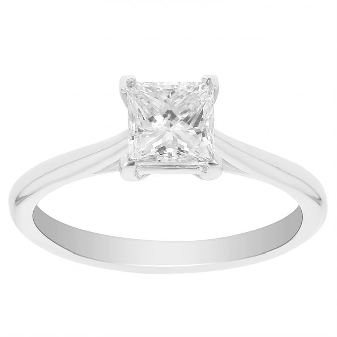 18K White Gold Princess Diamond Solitaire Engagement Ring, 0.90 ct