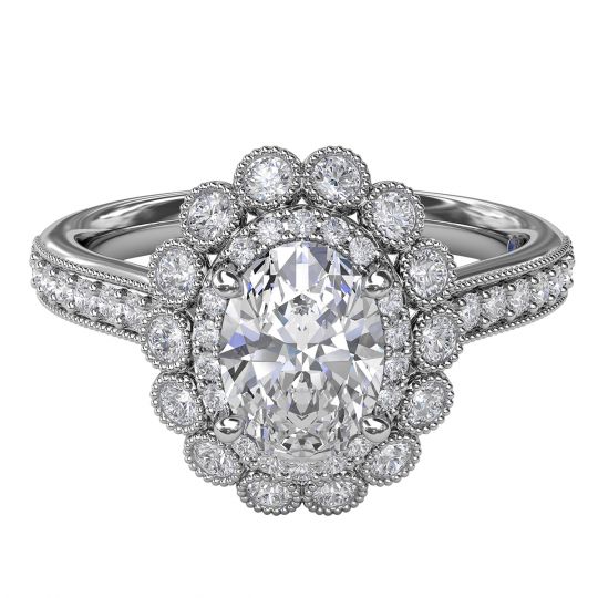 scalloped halo oval engagement ring