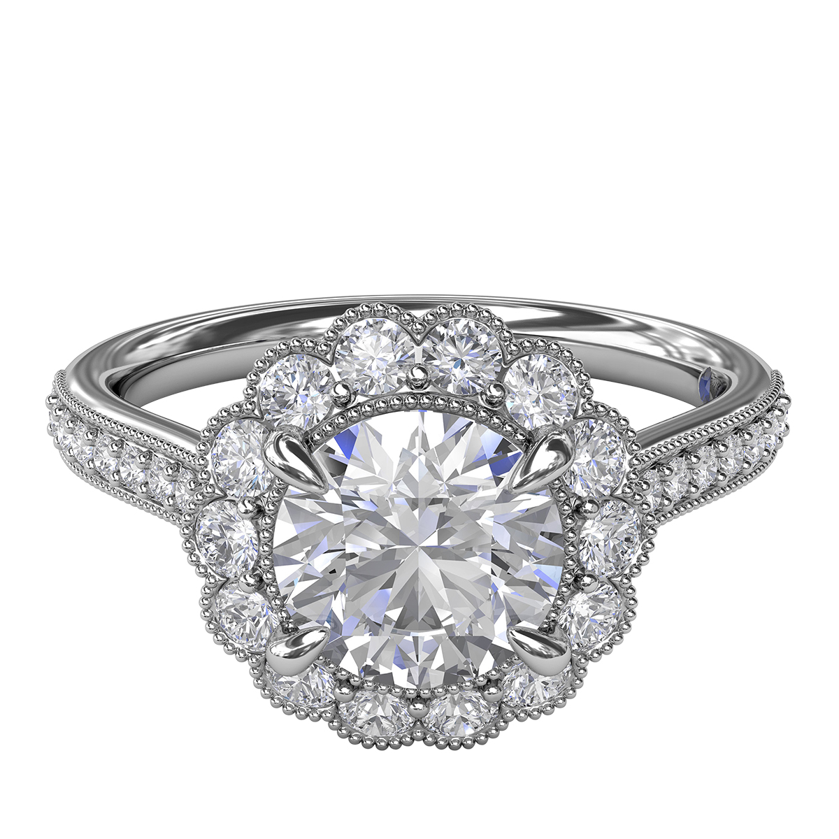 Diamond & Milgrain Double Scalloped Halo Engagement Ring Setting with Side Stones in White Gold