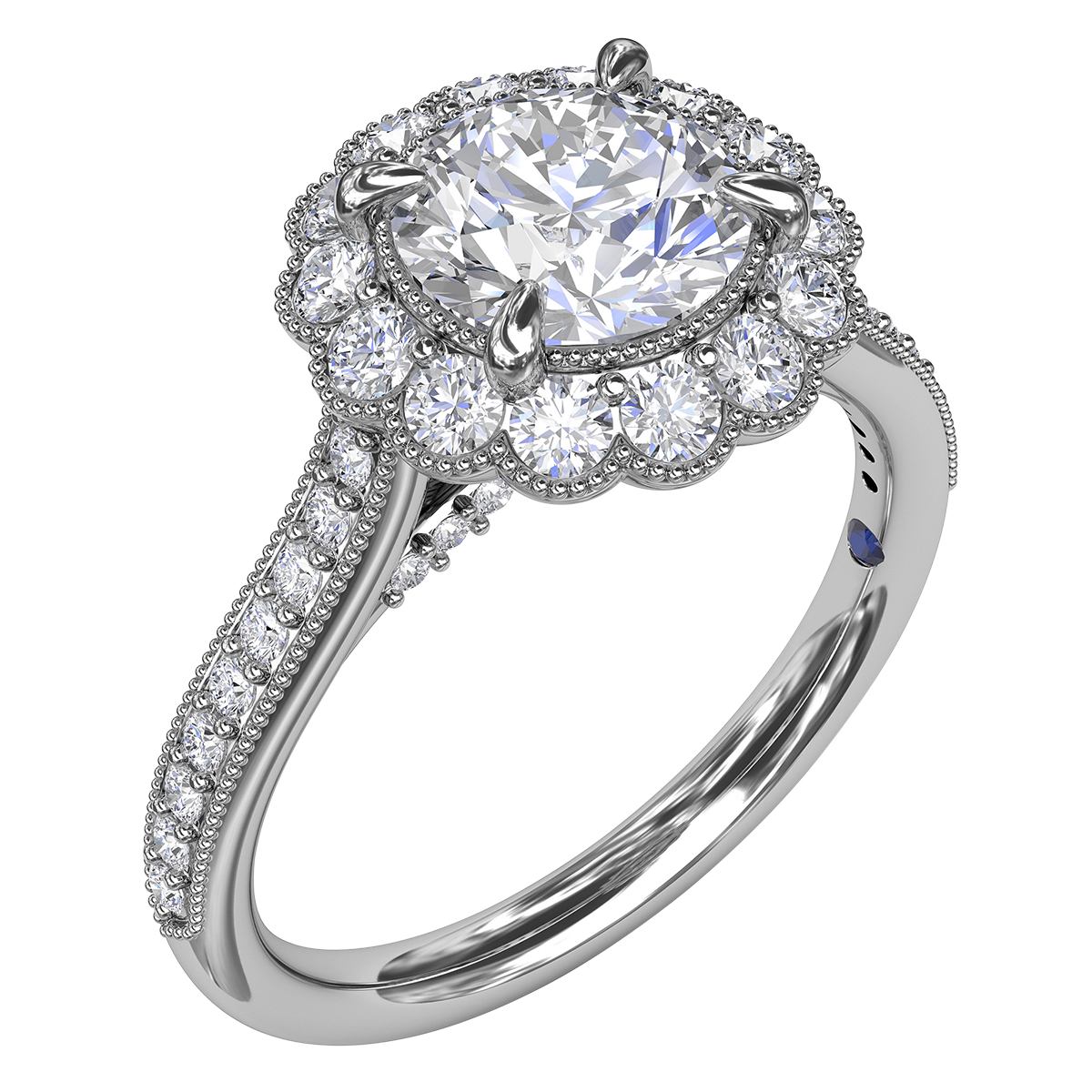 Diamond & Milgrain Double Scalloped Halo Engagement Ring Setting with Side Stones in White Gold
