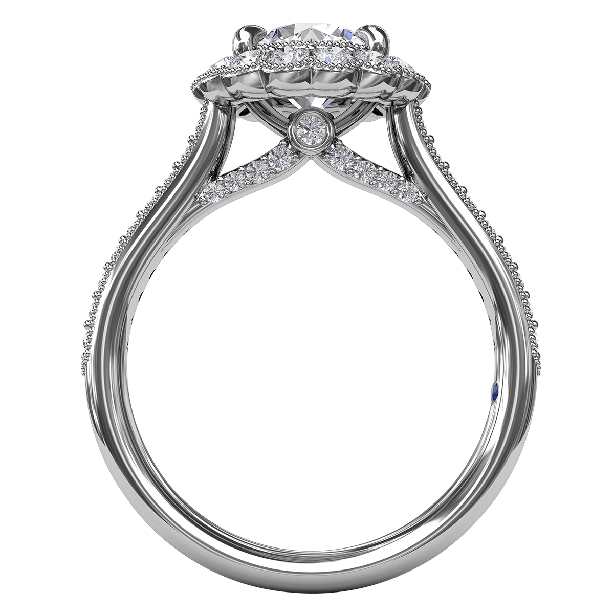 Diamond & Milgrain Double Scalloped Halo Engagement Ring Setting with Side Stones in White Gold