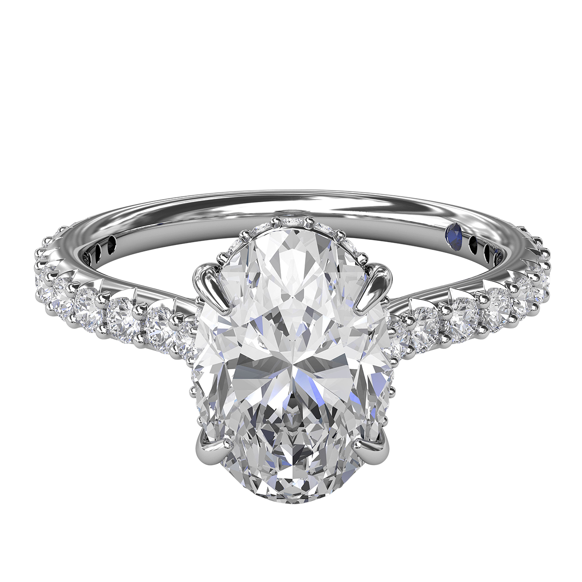 Diamond Shared Prong Side Stone Engagement Ring Setting in White Gold with Oval Diamond Gallery
