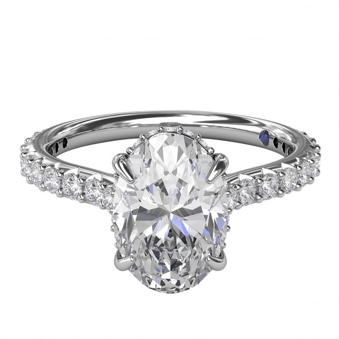 Diamond Shared Prong Side Stone Engagement Ring Setting in White Gold with Oval Diamond Gallery