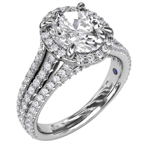 Diamond Oval Halo & 3 Row Shank Engagement Ring Setting in White Gold