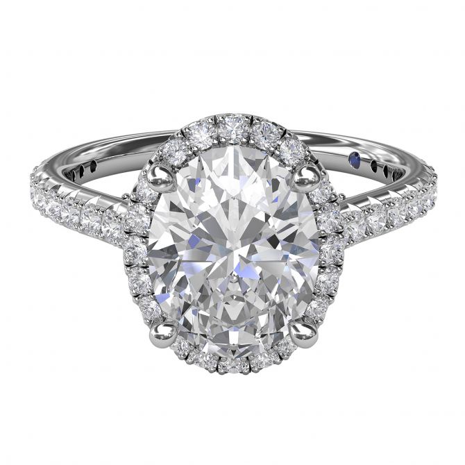 Diamond Oval Halo Engagement Ring Setting in White Gold with Diamond Gallery & Side Stones