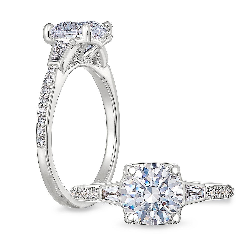 Peter Storm Diamond Baguette & Pavé Side Stone Engagement Ring Setting in White Gold