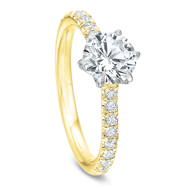 Diamond Side Stone 6 Prong Engagement Ring Setting in Yellow Gold
