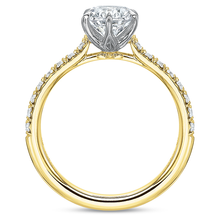 Diamond Side Stone 6 Prong Engagement Ring Setting in Yellow Gold