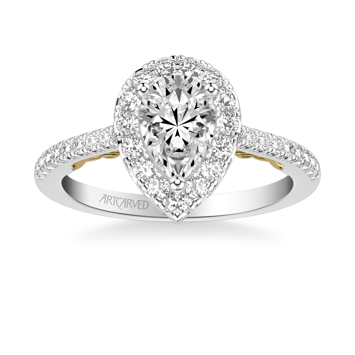 ArtCarved Diamond Pear Shaped Halo & Side Stone Engagement Ring Setting in White & Yellow Gold