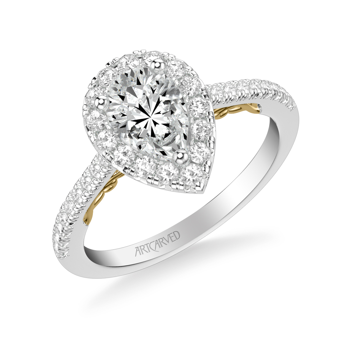 ArtCarved Diamond Pear Shaped Halo & Side Stone Engagement Ring Setting in White & Yellow Gold
