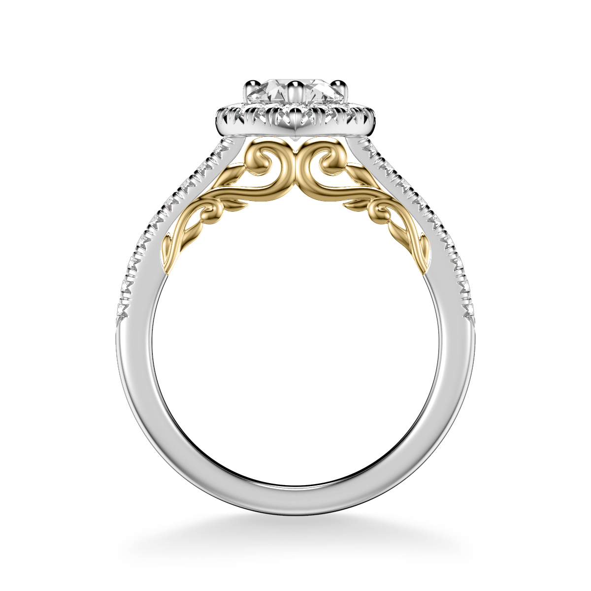 ArtCarved Diamond Pear Shaped Halo & Side Stone Engagement Ring Setting in White & Yellow Gold